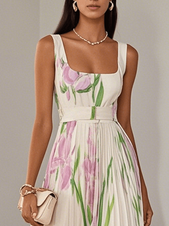 Marie | Weißes Plissiertes Floral Chiffon Maxikleid