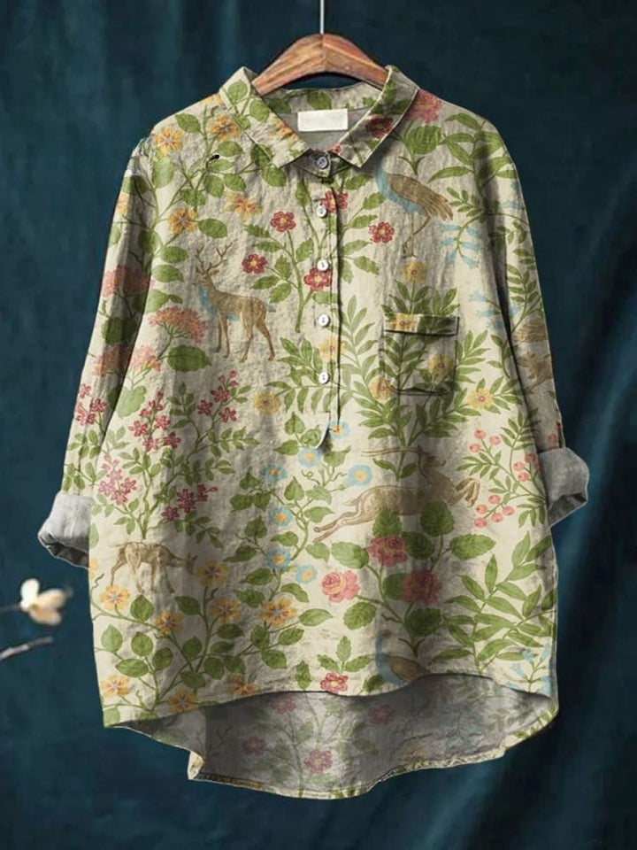 Damen Vintage Floral Tier Kunst Druck Freizeit Bluse