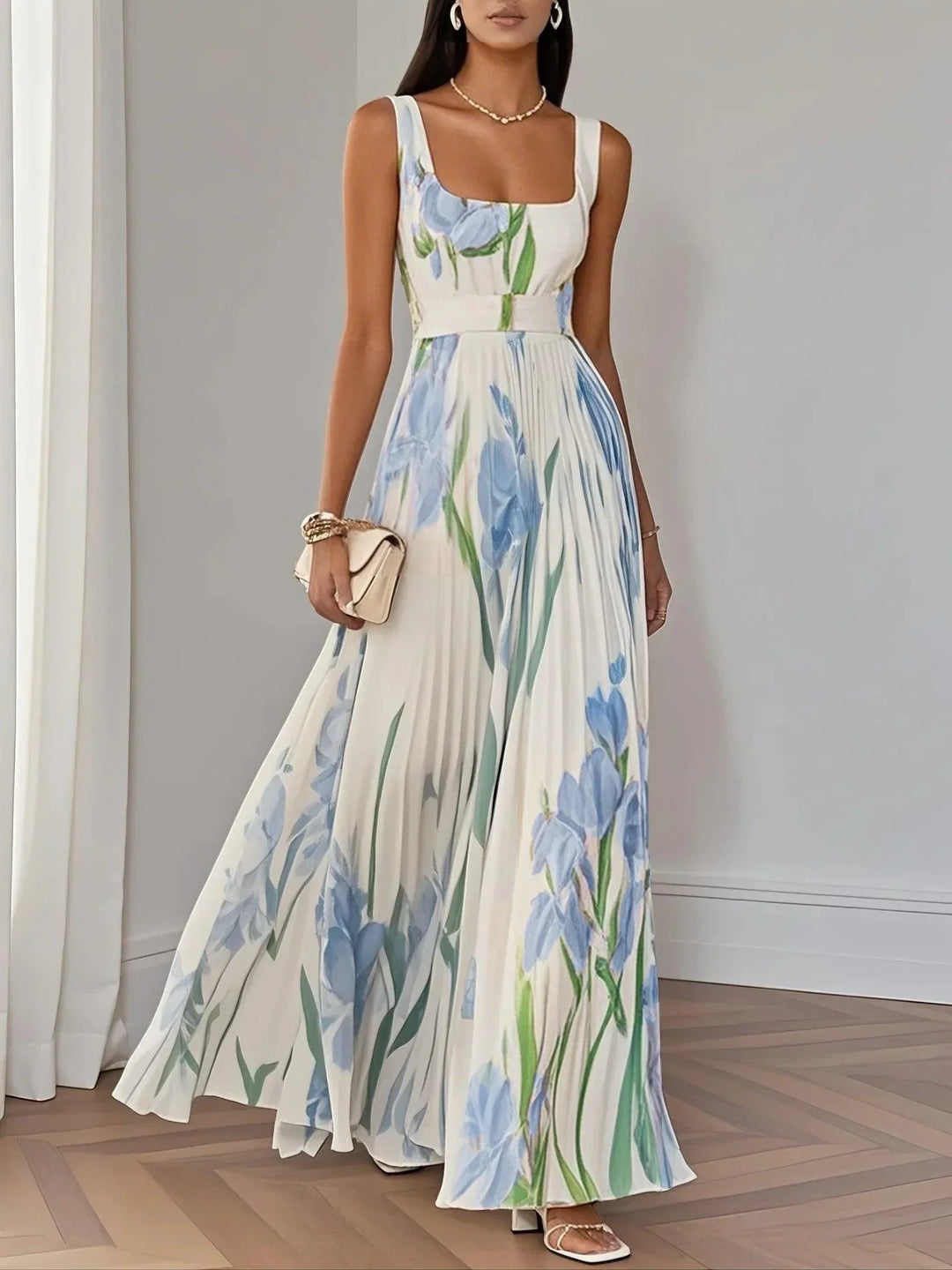 Marie | Weißes Plissiertes Floral Chiffon Maxikleid