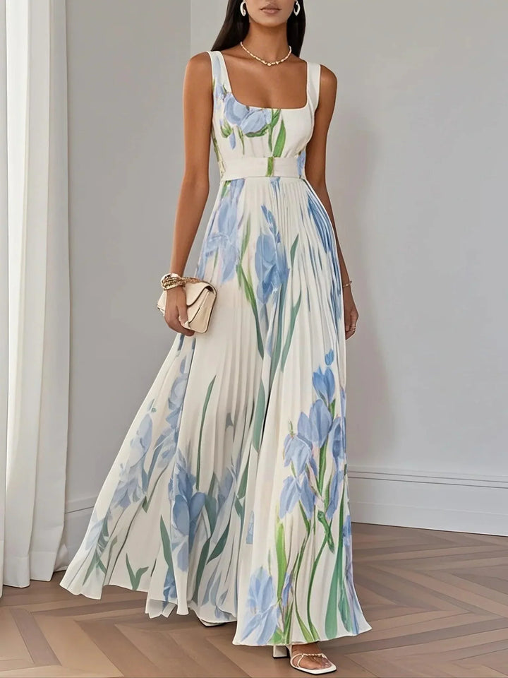 Marie | Weißes Plissiertes Floral Chiffon Maxikleid