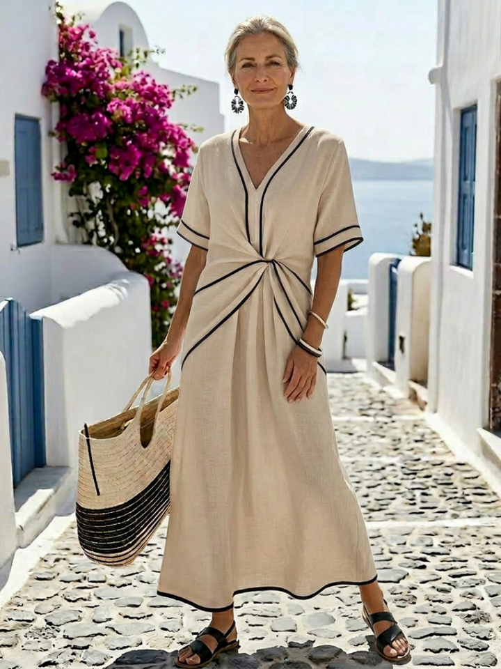 Linnea | V-Ausschnitt Kurzarm Gerafftes Midi-Kleid