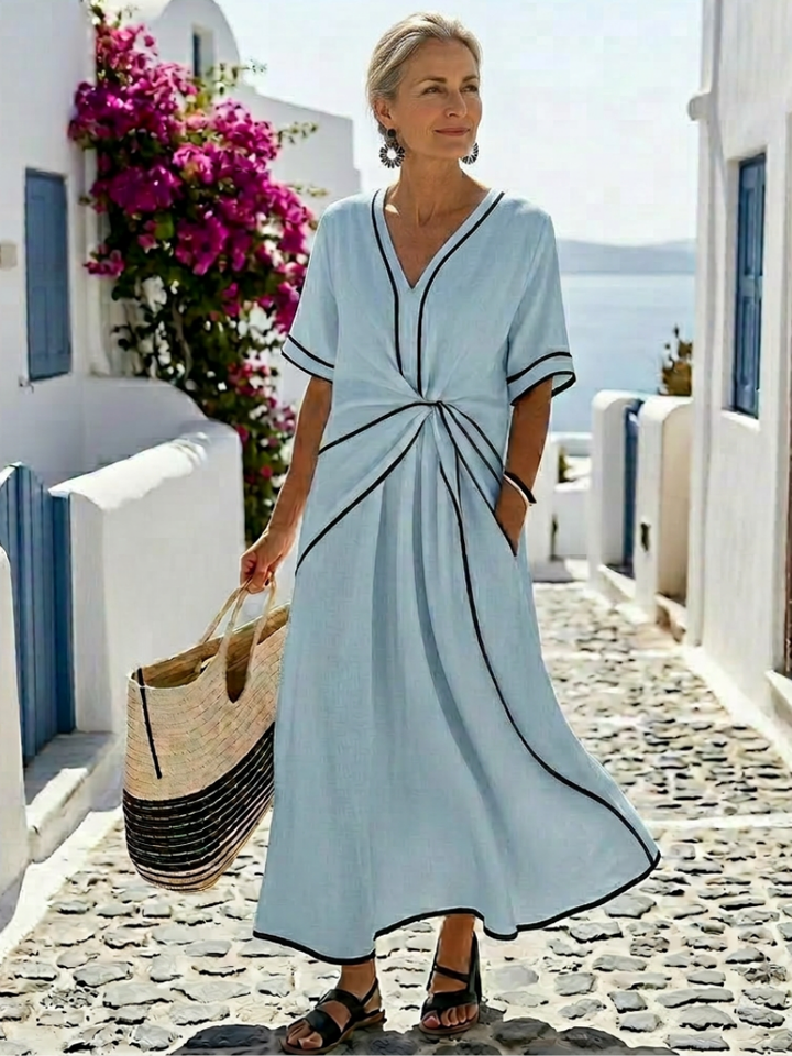Linnea | V-Ausschnitt Kurzarm Gerafftes Midi-Kleid