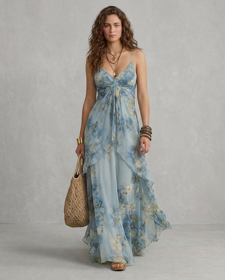 ELISA | Maxi Slip Dress Florales Blau