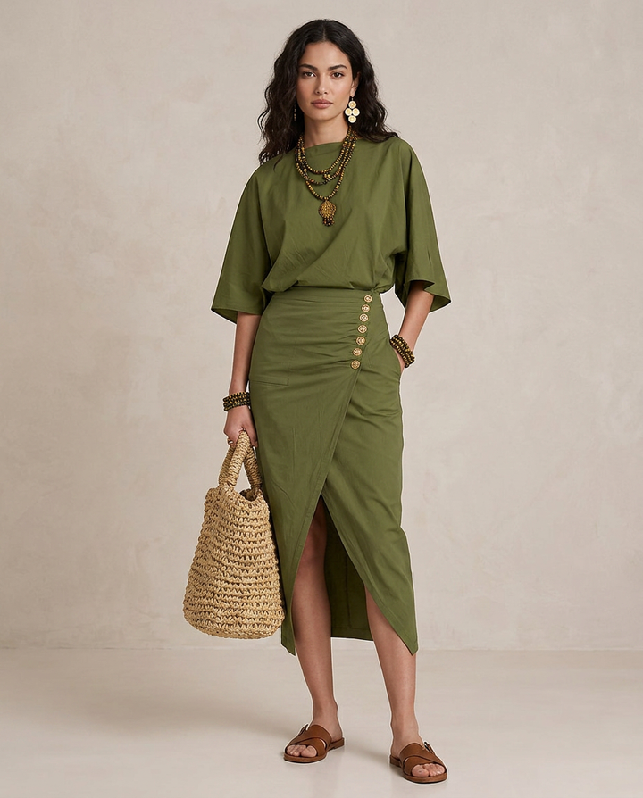 MARTA | Midi Kleid Boho Olivgrün
