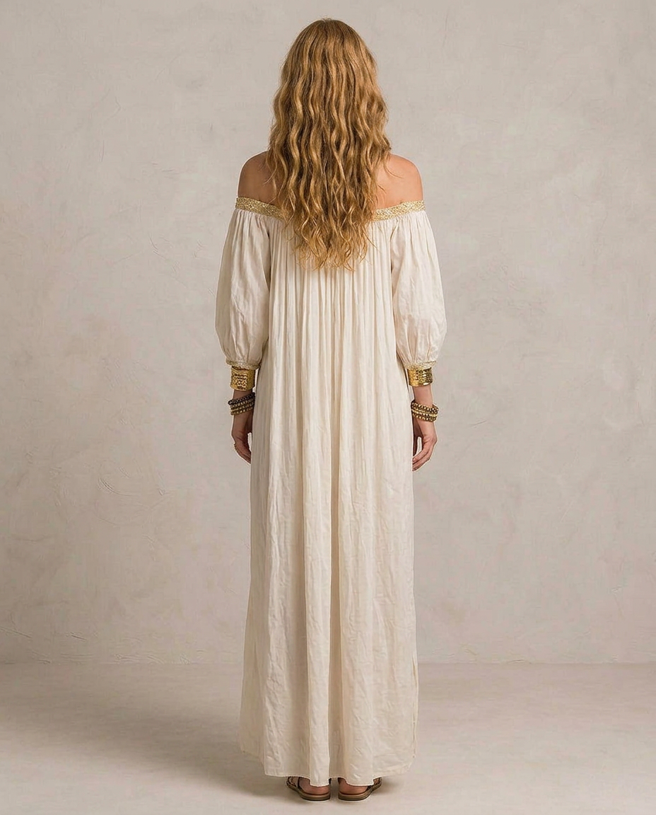 ISABELLA | Maxi Kleid Boho Plissé Elfenbein