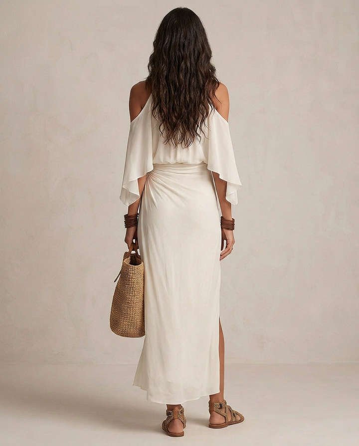VALENTINA | Midi Kleid Halter Elfenbein Drapiert