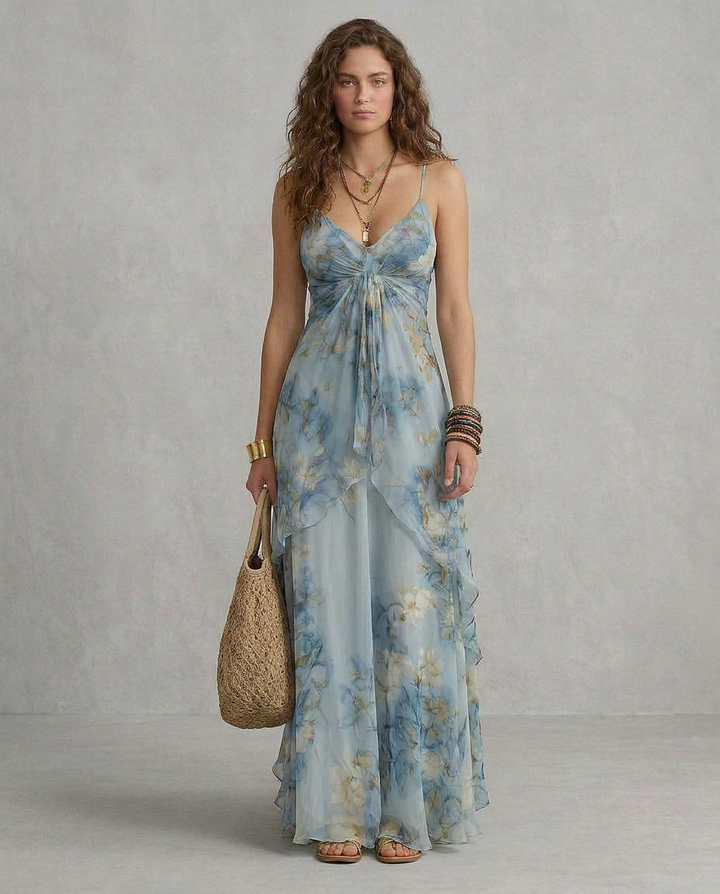 ELISA | Maxi Slip Dress Florales Blau
