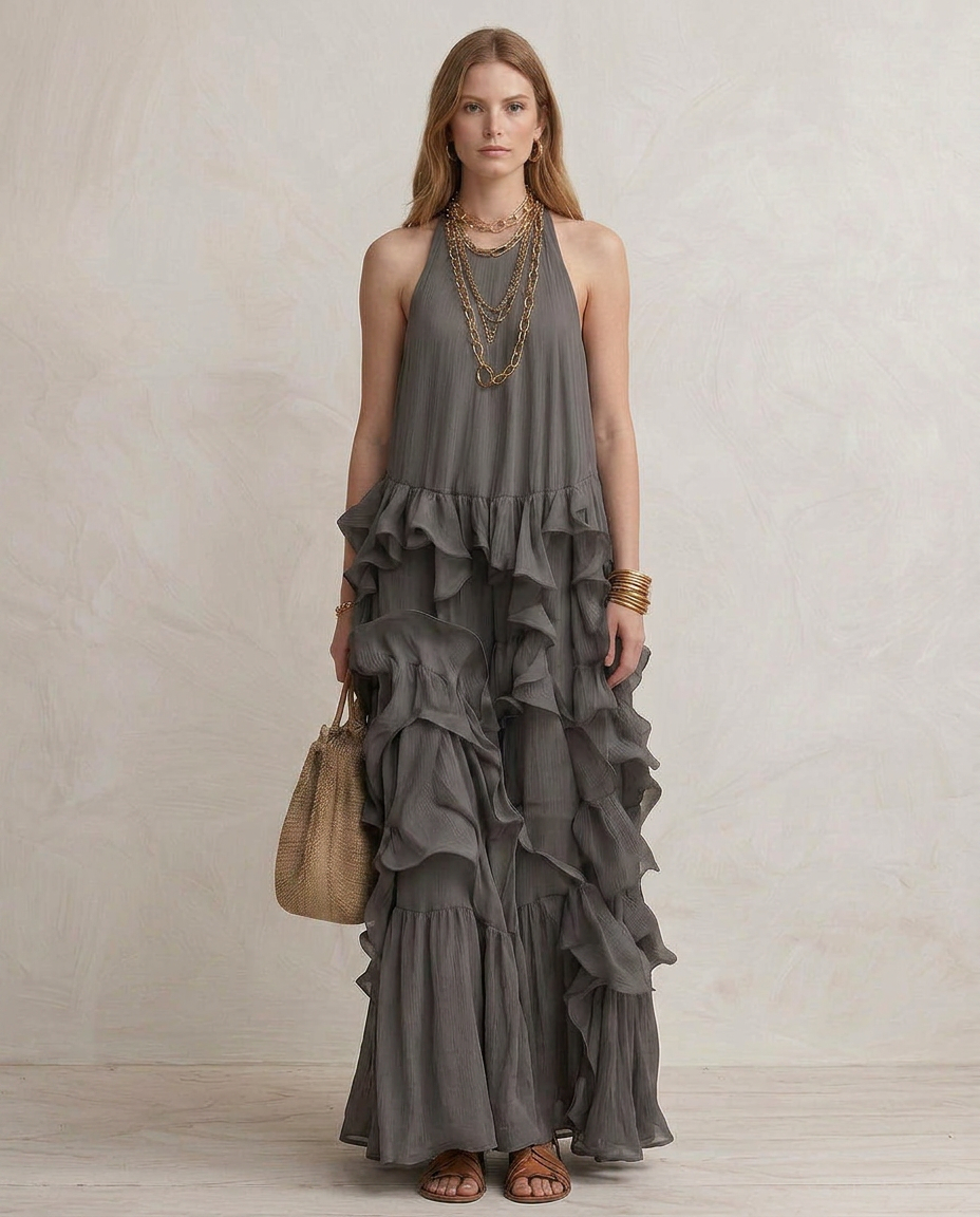 SERENA | Maxi Kleid Grau mit Volants