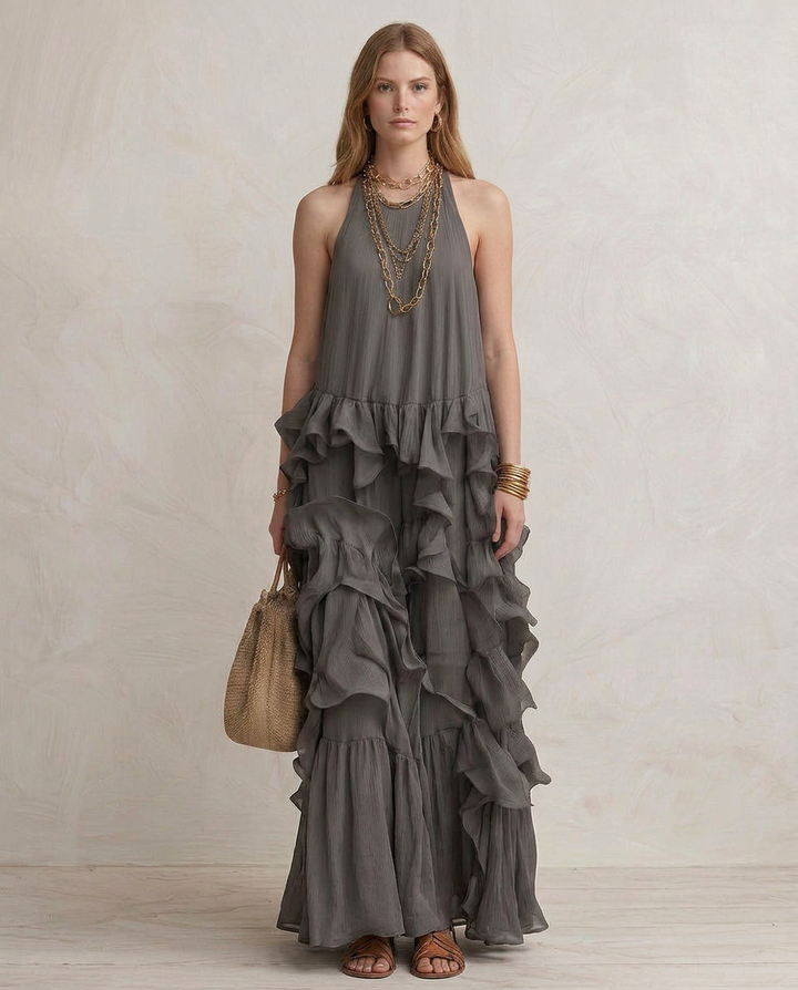 SERENA | Maxi Kleid Grau mit Volants