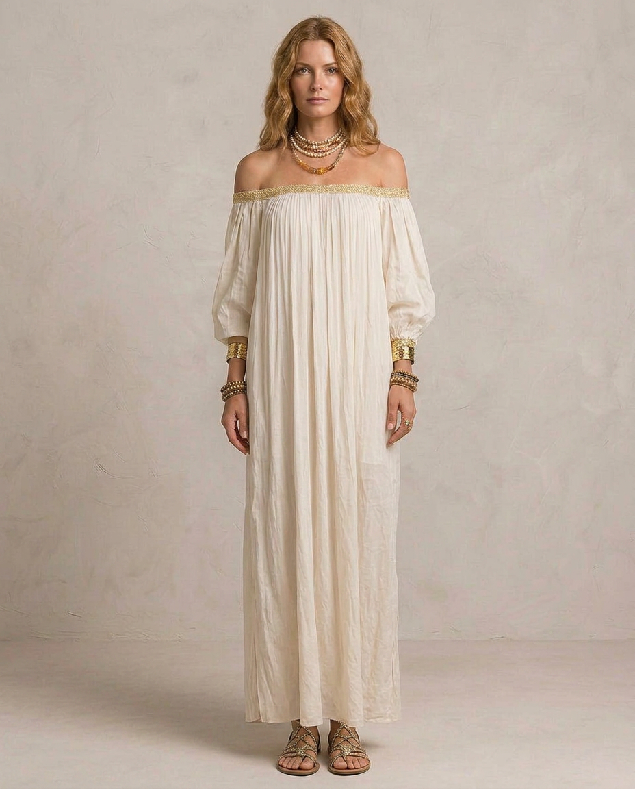 ISABELLA | Maxi Kleid Boho Plissé Elfenbein