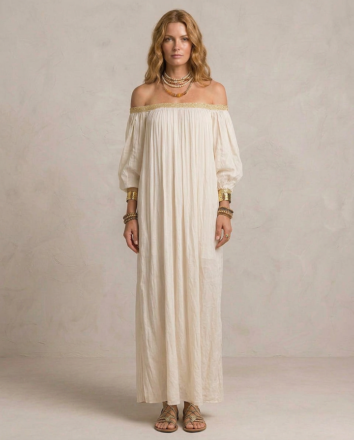 ISABELLA | Maxi Kleid Boho Plissé Elfenbein