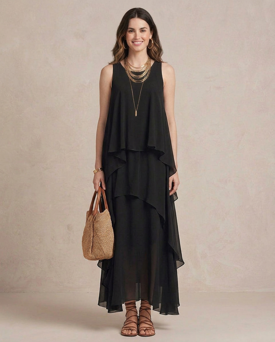 NOEMI | Maxi Kleid Boho Schichten Chiffon Schwarz