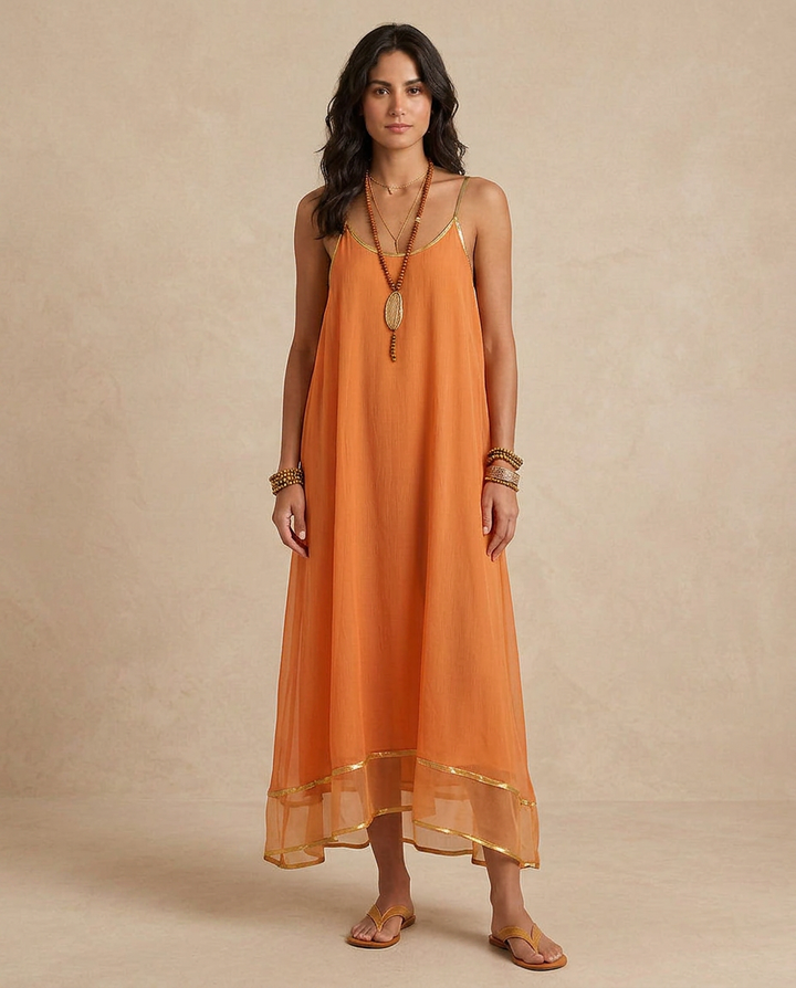 LILIANA | Aprikosenfarbenes Tüllkleid mit Bändern