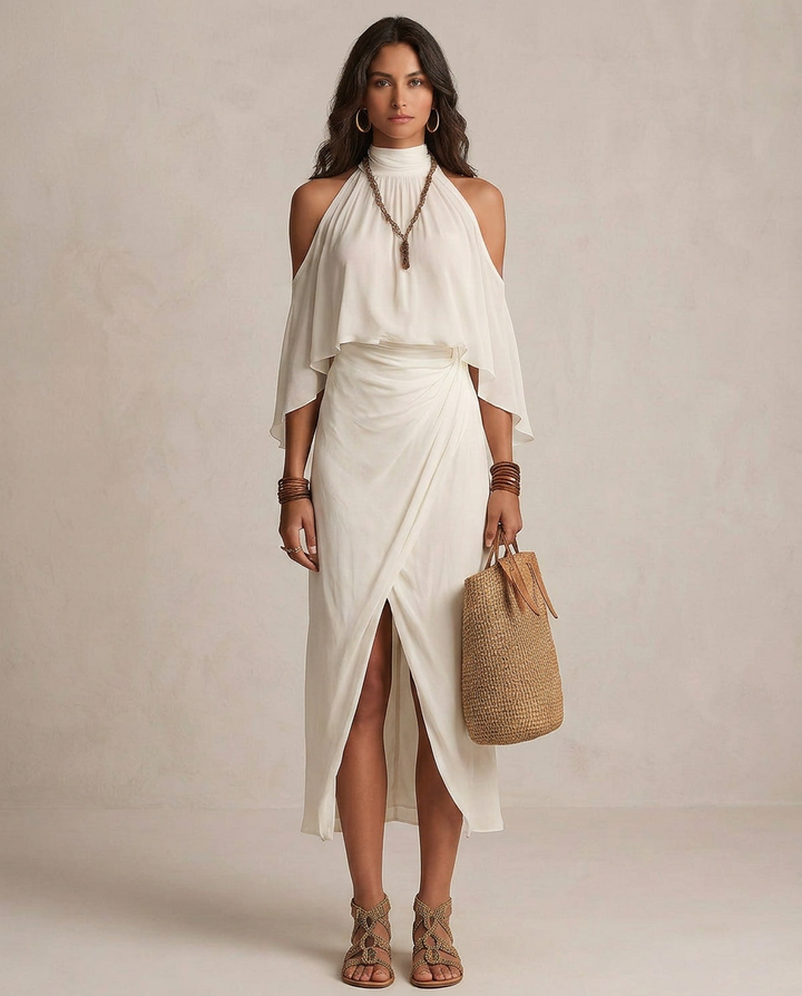VALENTINA | Midi Kleid Halter Elfenbein Drapiert