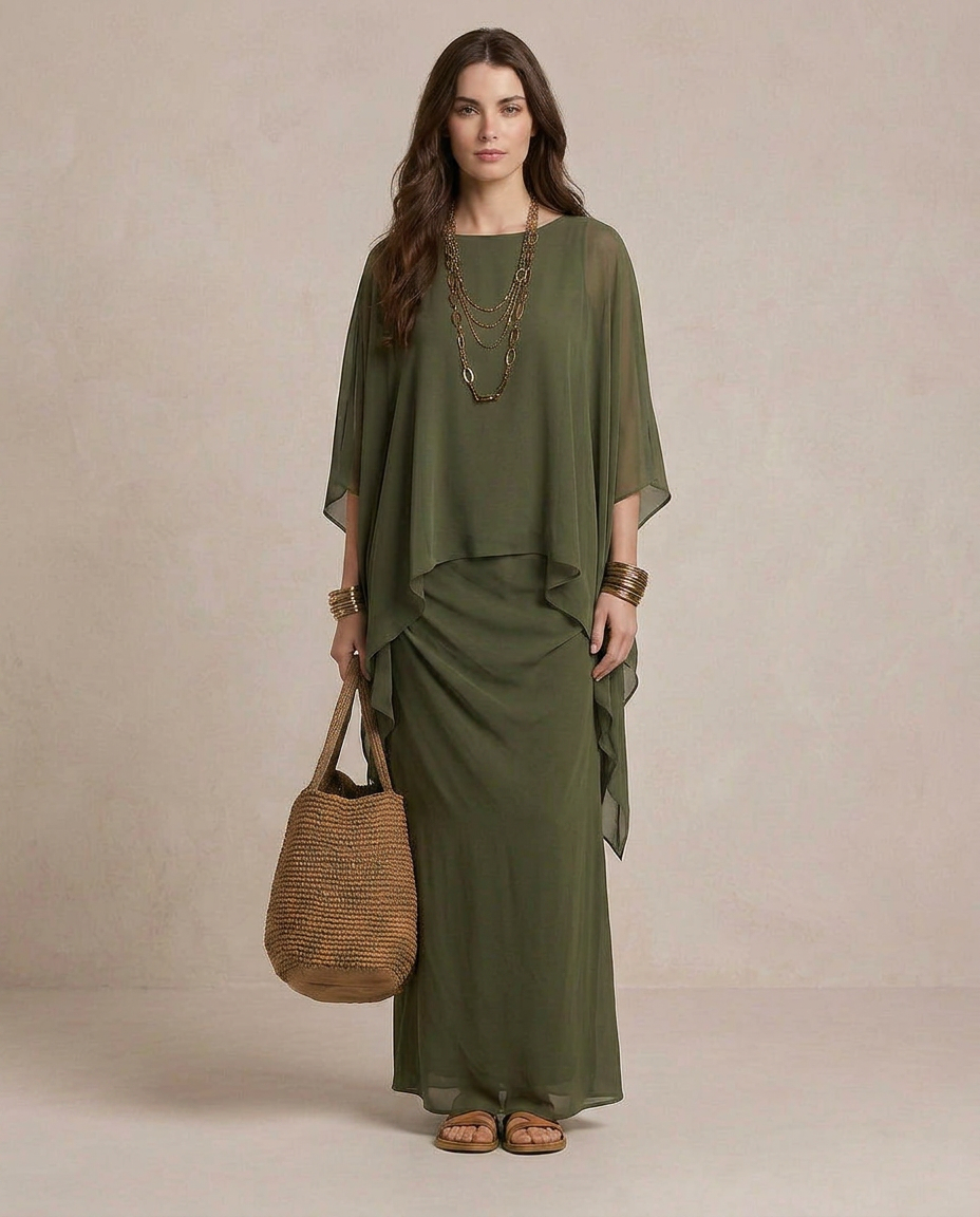 LIA | Maxi Kleid Layered Olivgrün