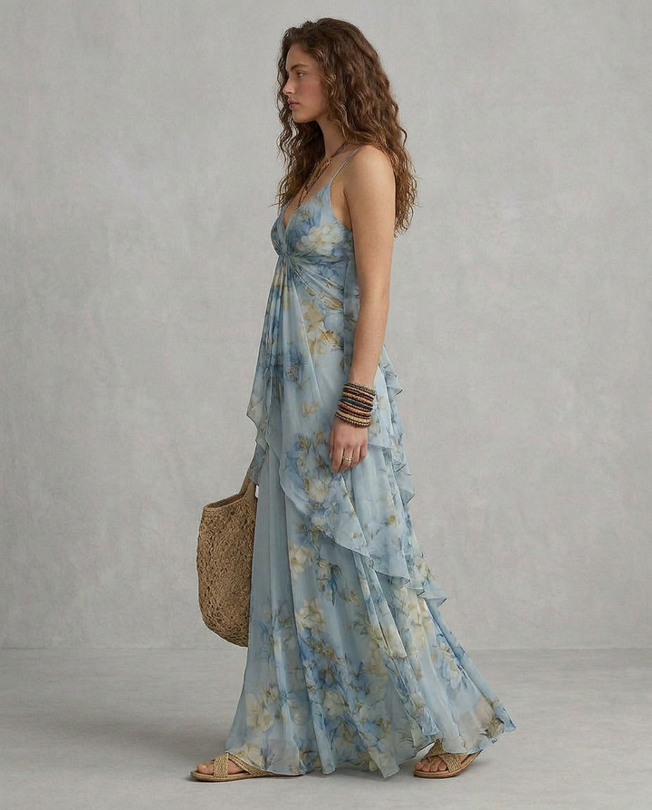 ELISA | Maxi Slip Dress Florales Blau