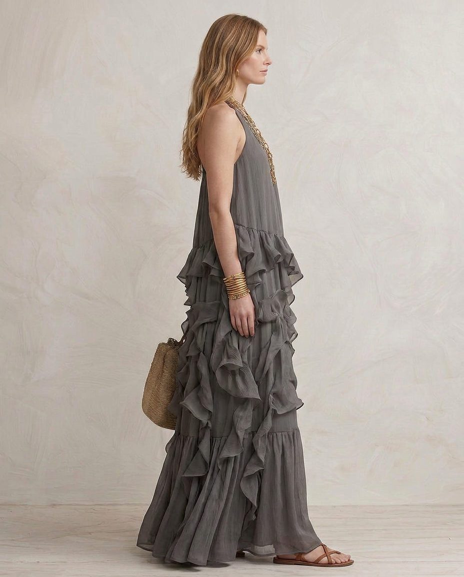SERENA | Maxi Kleid Grau mit Volants
