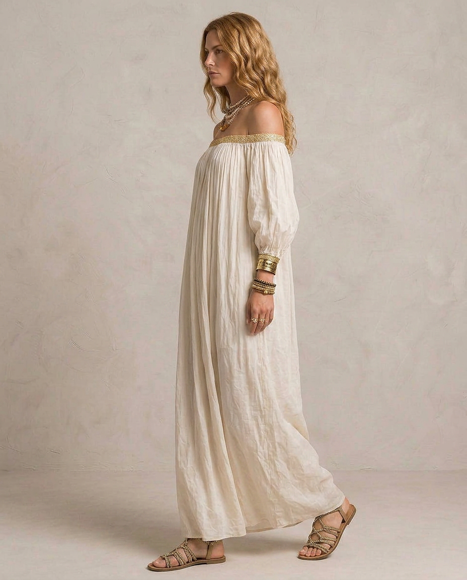 ISABELLA | Maxi Kleid Boho Plissé Elfenbein