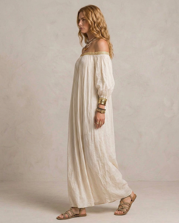 ISABELLA | Maxi Kleid Boho Plissé Elfenbein