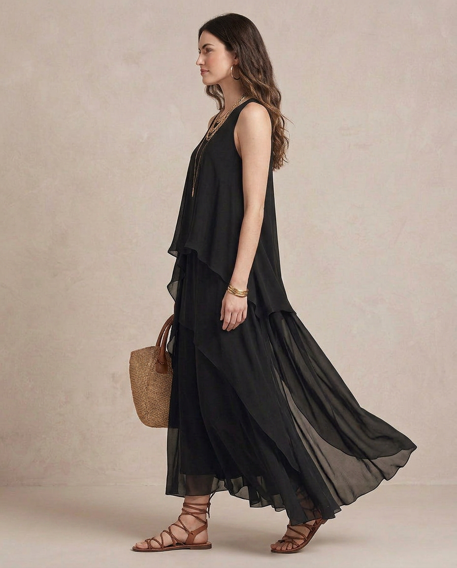 NOEMI | Maxi Kleid Boho Schichten Chiffon Schwarz