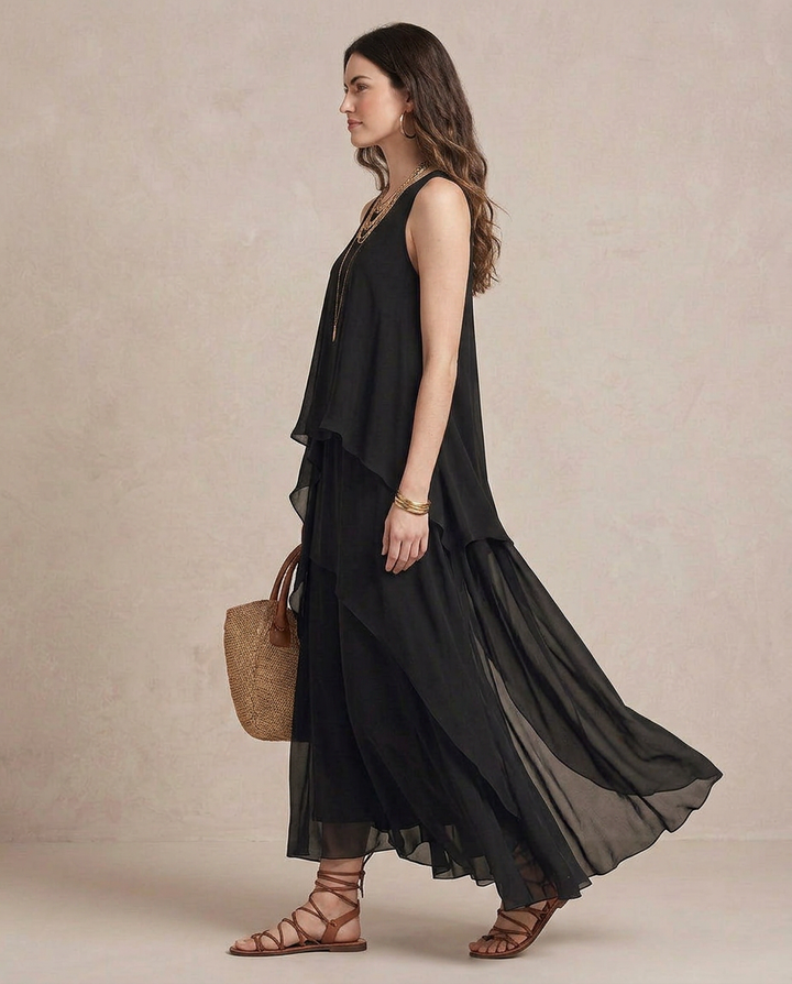 NOEMI | Maxi Kleid Boho Schichten Chiffon Schwarz