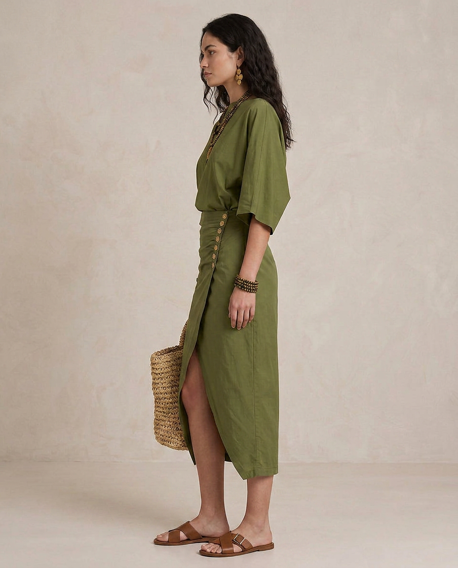 MARTA | Midi Kleid Boho Olivgrün