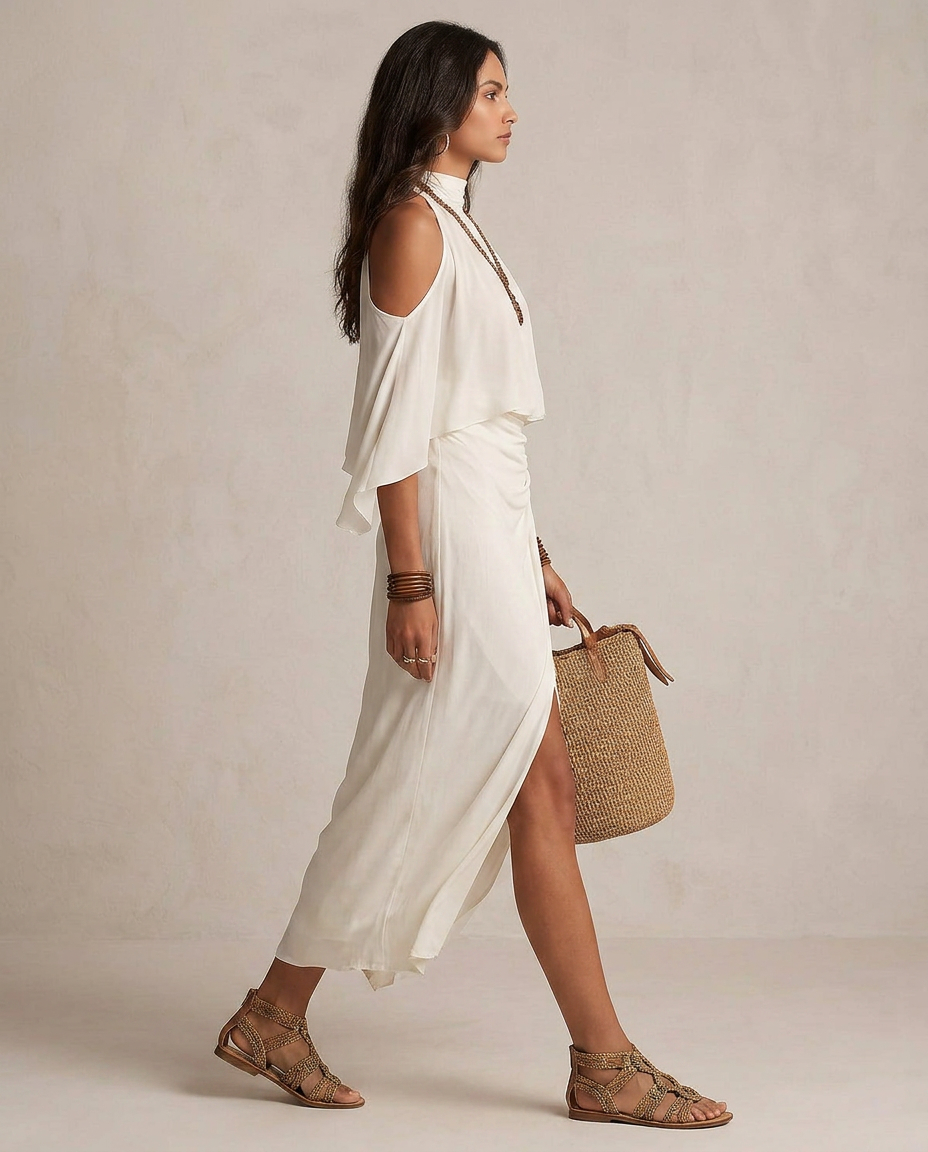 VALENTINA | Midi Kleid Halter Elfenbein Drapiert