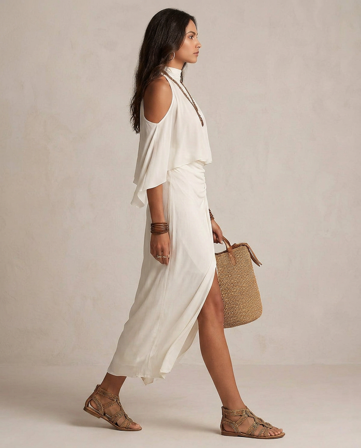VALENTINA | Midi Kleid Halter Elfenbein Drapiert