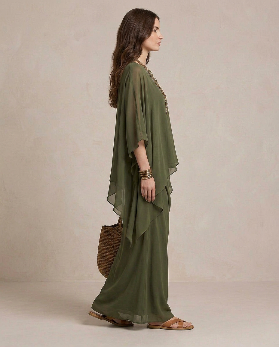 LIA | Maxi Kleid Layered Olivgrün