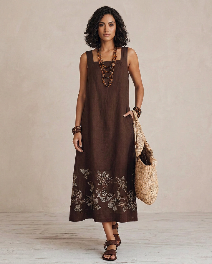 NOEMI | Midi Kleid aus Leinen im Boho-Stil mit Stickerei