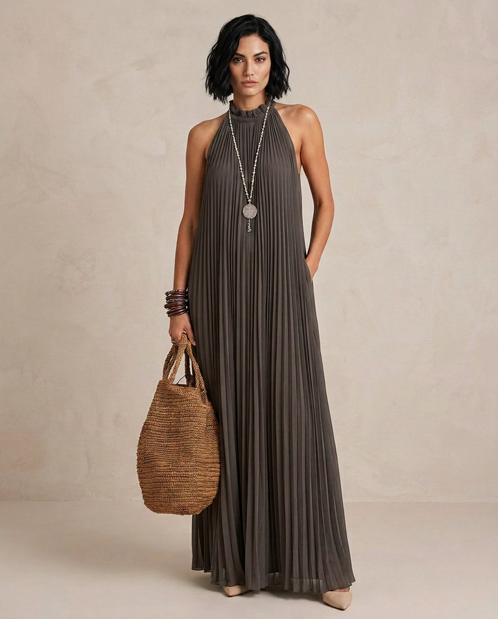 LIRA | Maxi Kleid Halter Plissee Grau