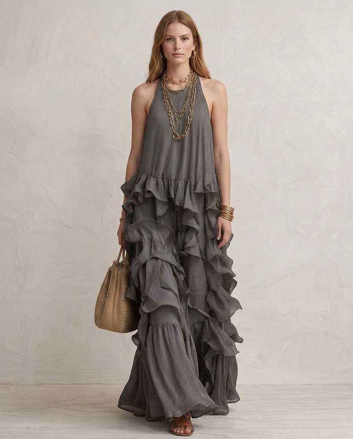 SERENA | Maxi Kleid Grau mit Volants