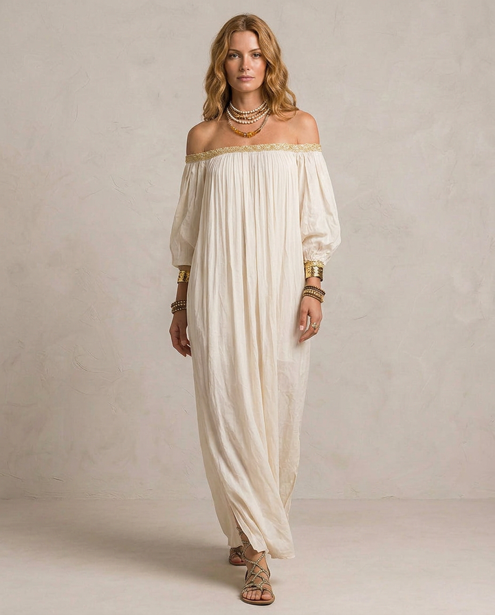 ISABELLA | Maxi Kleid Boho Plissé Elfenbein