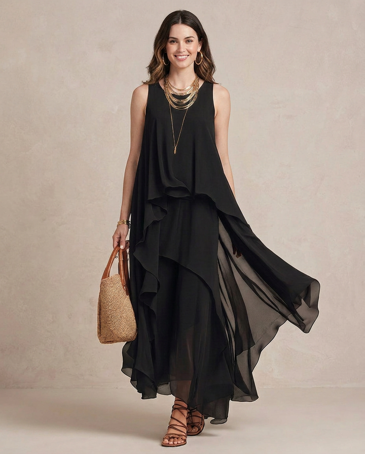 NOEMI | Maxi Kleid Boho Schichten Chiffon Schwarz