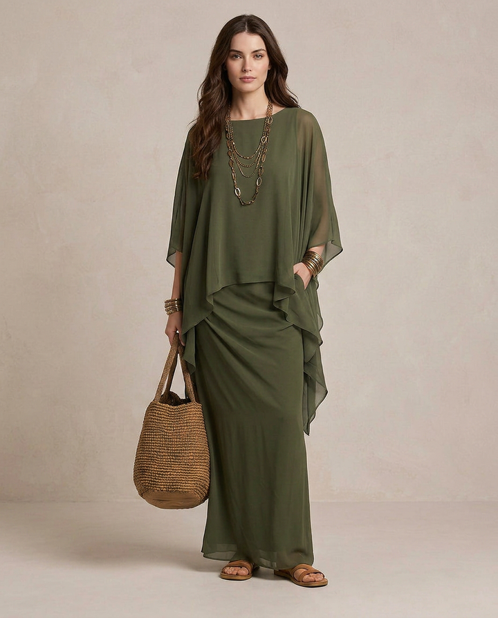 LIA | Maxi Kleid Layered Olivgrün